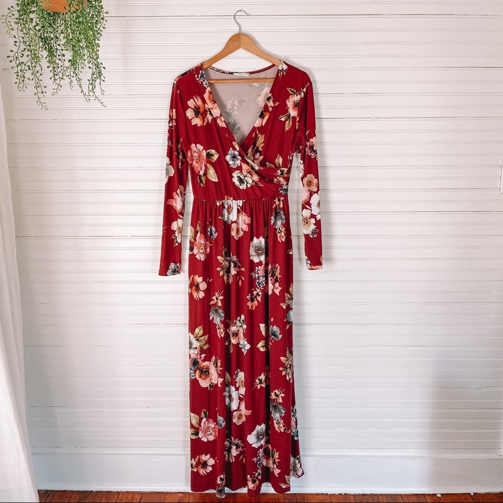 Reb & J Burgundy Floral Maxi Dress WITH POCKETS
